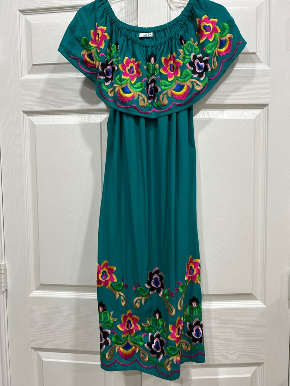 Embroidered Teal Off-Shoulder Mexican Style Dress
